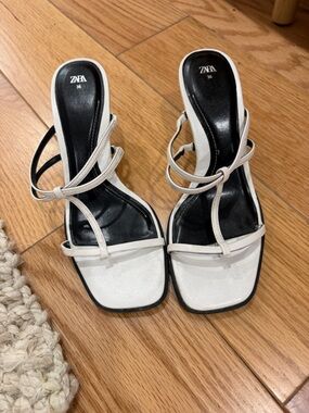 Zara White Strappy Square-Toe Heeled Sandals